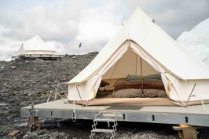 canvas tent on platform on the Matanuska Glacier
