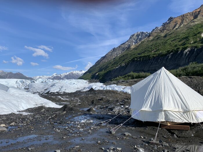 Canvas tent overnight on a glacier